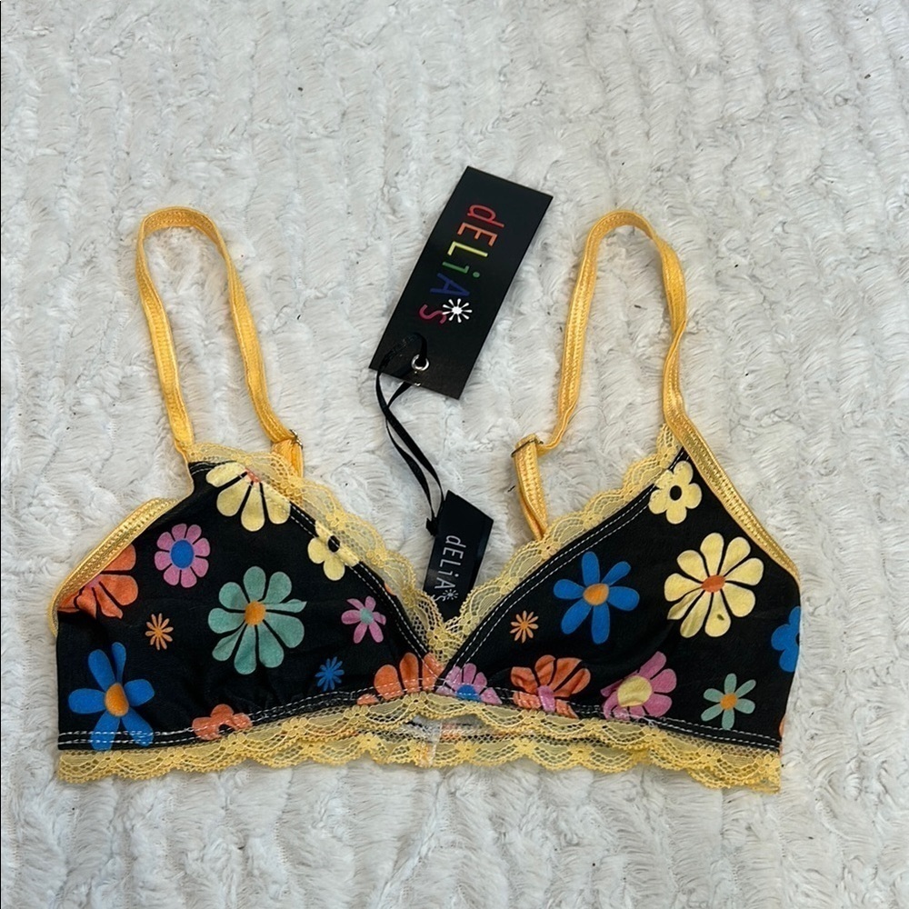 Brand New dELiA*s retro Floral print Black Bralette size xxs lace trim